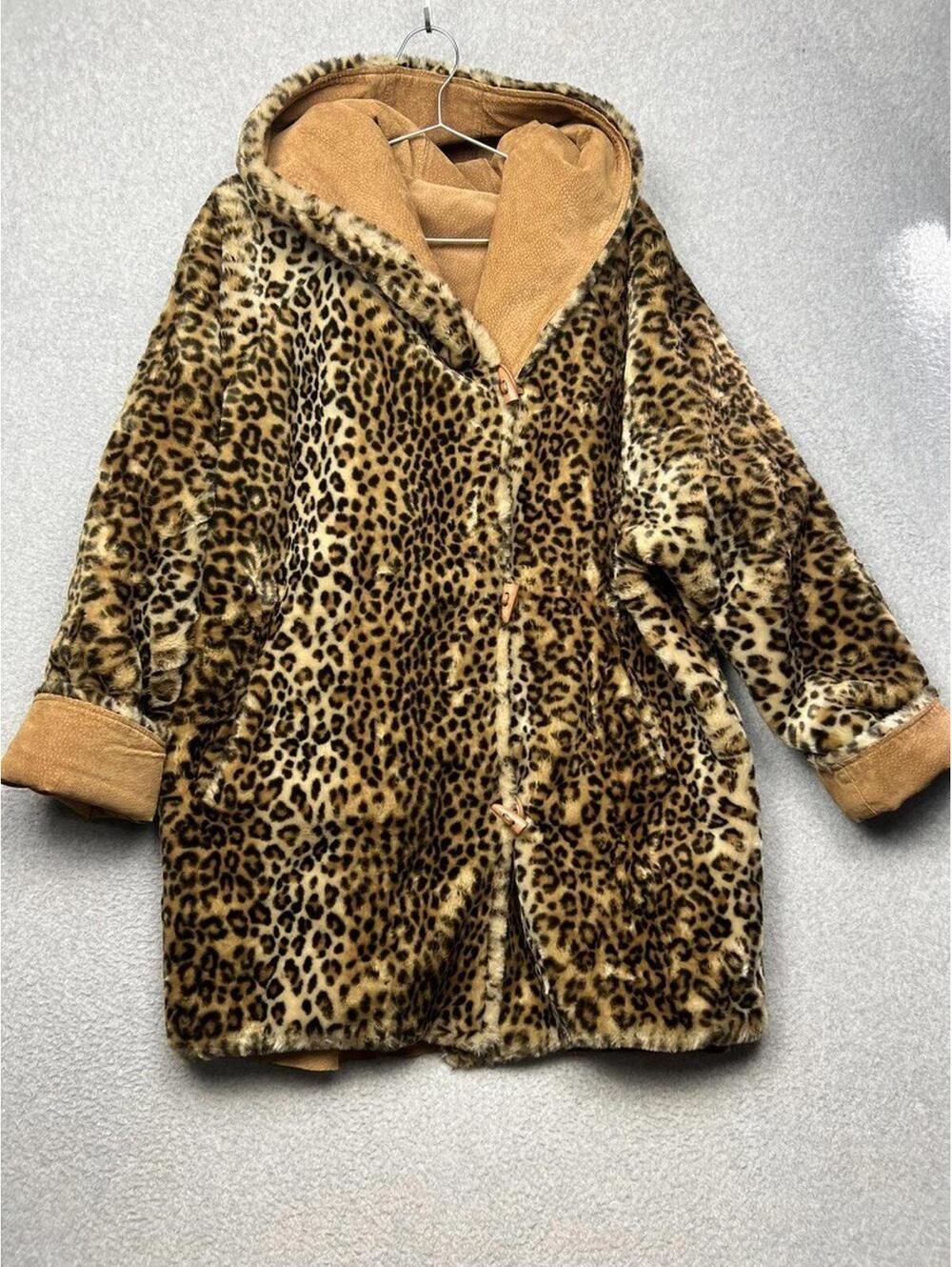 VTG 90s Mobwife Oversize Reversible Leather Cheetah Trench Coat FauxFur M Toggle